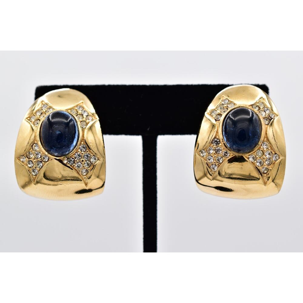 Ciner Vintage Blue Cabochon Clip On Earrings Rhinestone Crystal Signed 60s BinAF